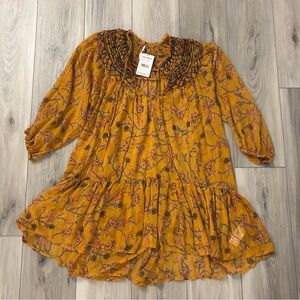FREE PEOPLE Small  Keeping Up with Kara Mustard Sheer Tunic Boho Smocked Flowy